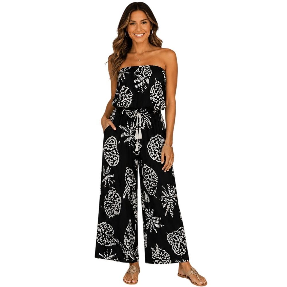 Blue Island Beach Large Strapless Black White Print Wide Leg Jumpsuit Tassel